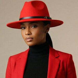 Red Belt Buckle Trim Wide Brim Felt Hat